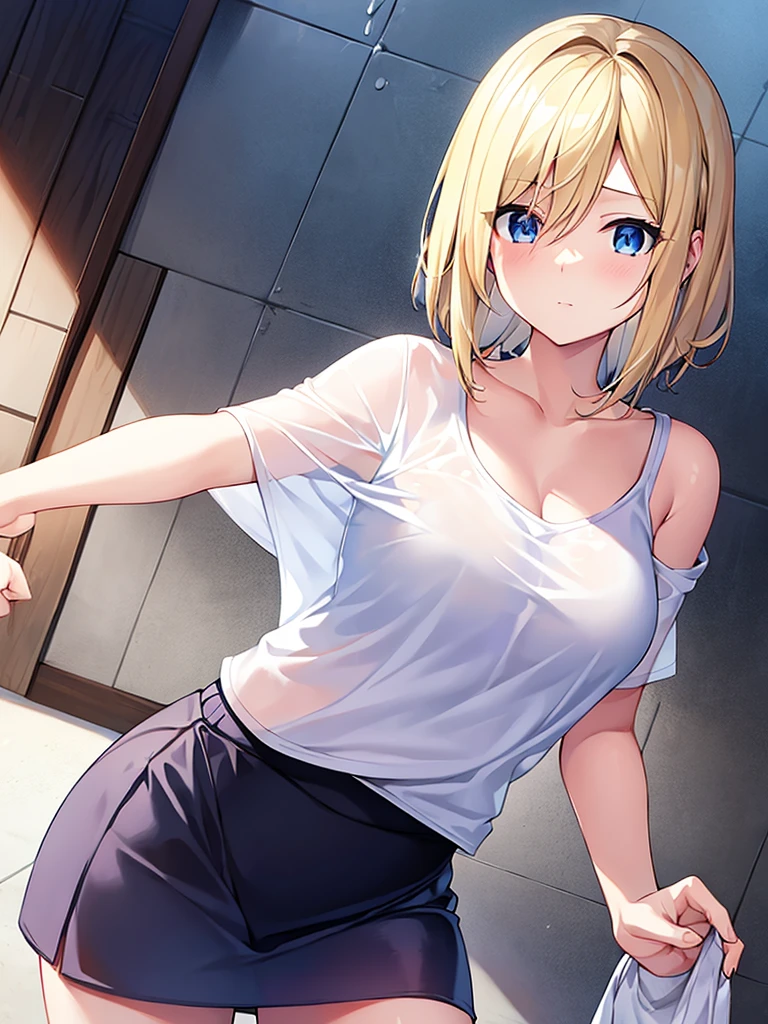 Create a photo-realistic young woman with blonde hair (Shoulder length), blue eyes and big breasts. She is wearing a white T-shirt, Round neck, Long Fit、Short sleeve, No bra, She also、She is wearing a unicolor black cotton miniskirt. She climbs out of the pool, soaked. The T-shirt fits snugly to the body.、A little transparent. whole body, Wide-angle shot.  
