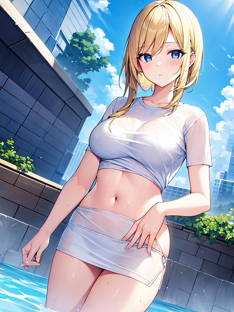 Create a photo-realistic young woman with blonde hair (Shoulder length), blue eyes and big breasts. She is wearing a white T-shirt, Round neck, Long Fit、Short sleeve, No bra, She also、She is wearing a unicolor black cotton miniskirt. She climbs out of the pool, soaked. The T-shirt fits snugly to the body.、A little transparent. whole body, Wide-angle shot.  