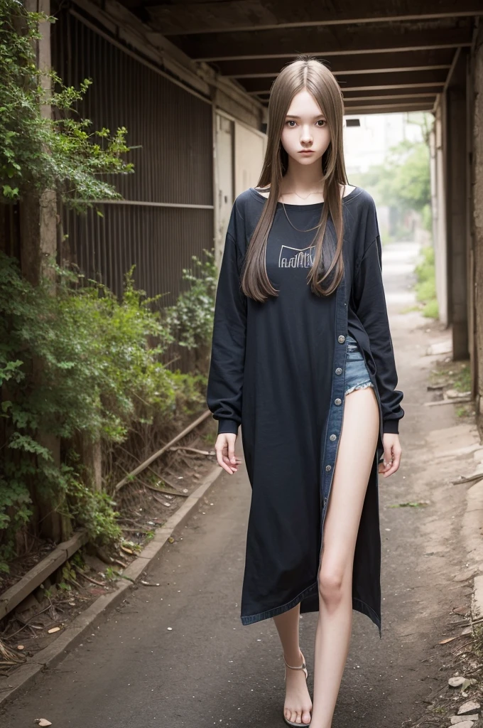 "Generate an image of a 19-year-old slender girl with straight hair highlighted in various different environments."