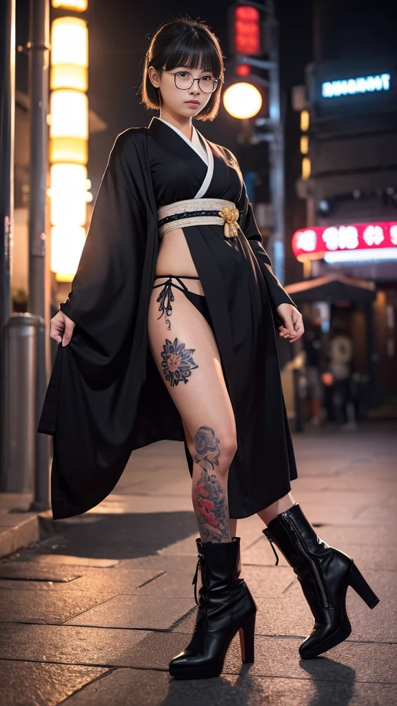 Cute Japanese woman, (16 years old), (very cute face: 1.3), red lips, white moist skin, mole, (glasses: 1.2)
BREAK,
Feminine body with high athletic ability, body of a female fitness model, feminine body with hard tones, (muscles: 1.2), (beautiful belly button),
BREAK,
Fighter, kung fu fighter, idol, (Yakuza), (gangster),
BREAK,
(wearing a cute black kimono: 1.3), (kimono that is revealing), (Stiletto heels, black heeled boots 1.3), very large earrings, short length,
BREAK,
Short hair, (Short bob hair), (Bangs: 1.2), (Black hair: 1.3), (Wavy hair),
BREAK,
(Very large machine gun: 1.4), (Holding machine gun: 1.3), (Fighting: 1.2), (Getting into a fighting position), (Firing machine gun: 1.2)
BREAK,
(Japanese tattoo: 1.4),
BREAK,
Masterpiece, Perfect lighting, Ultra high resolution, 8K, (Highly detailed: 1.4), (From the front), Looking at camera, Melancholic expression,
BREAK,
(Tokyo Tower: 1.2), Japan Tokyo Tower background, (Neon lights: 1.2)