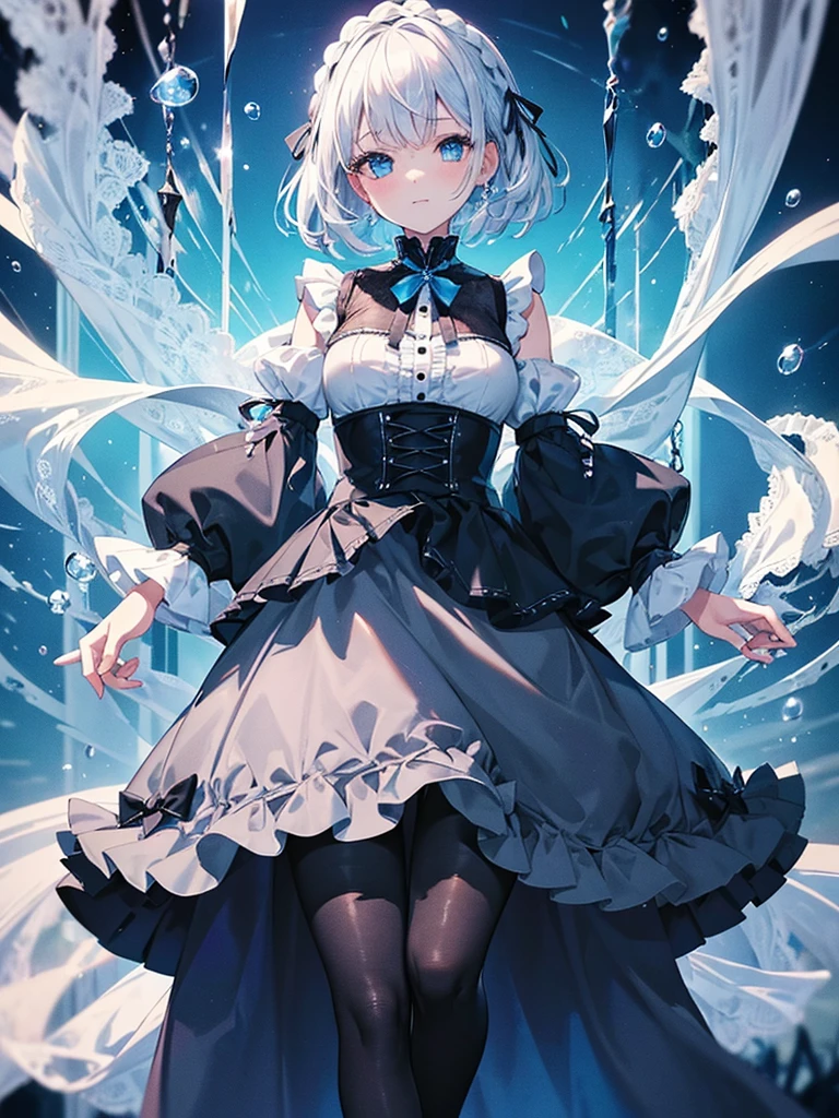 (Ultra Quality figure), Ultra detailed,((Top quality)),beautiful girl, (short white sky hair), ((braided short hair)), her eyes is shining , (highly detailed beautiful eyes), charming smile, Fantasy atmosphere feeling,blue sea scenary,((dream invited blue )), (storm spring),kawaii figure, (Ghotic with long skirt),(Her outfit closely resembles a goth lolita aesthetic black), (blouse underneath), (a grey skirt with ruffled fabric underneath and a lace draping over it),(wears black tights),