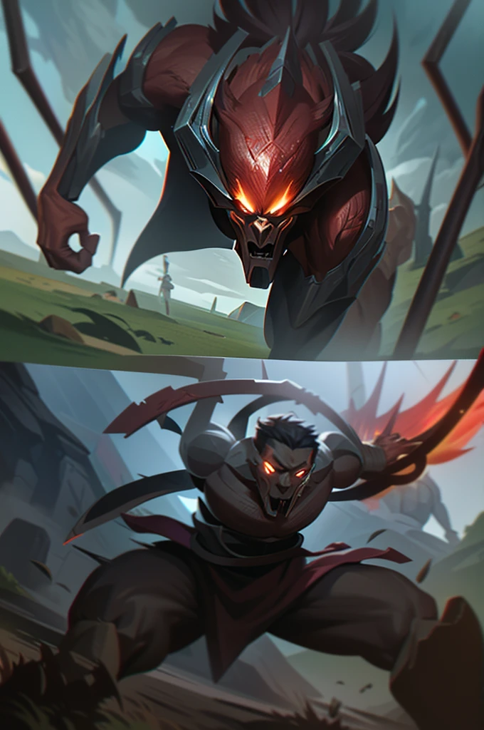 Create an image of Savages, mutant humans, hunting gigantic monsters. They must be armed with great arksteel weapons, like swords and spears. The scene must be dynamic, showing the tension and movement of combat in a natural setting, like a forest or ancient ruins.