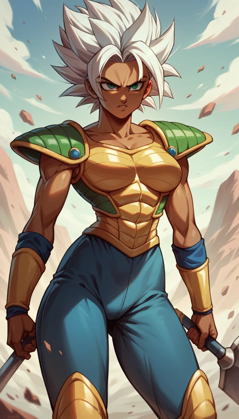 Saiyan, white hair combed back, green eyes,slim, thin waist, wide hips, brown skin color, medium breasts, saiyan armor, standing on a battlefield, looking seriously