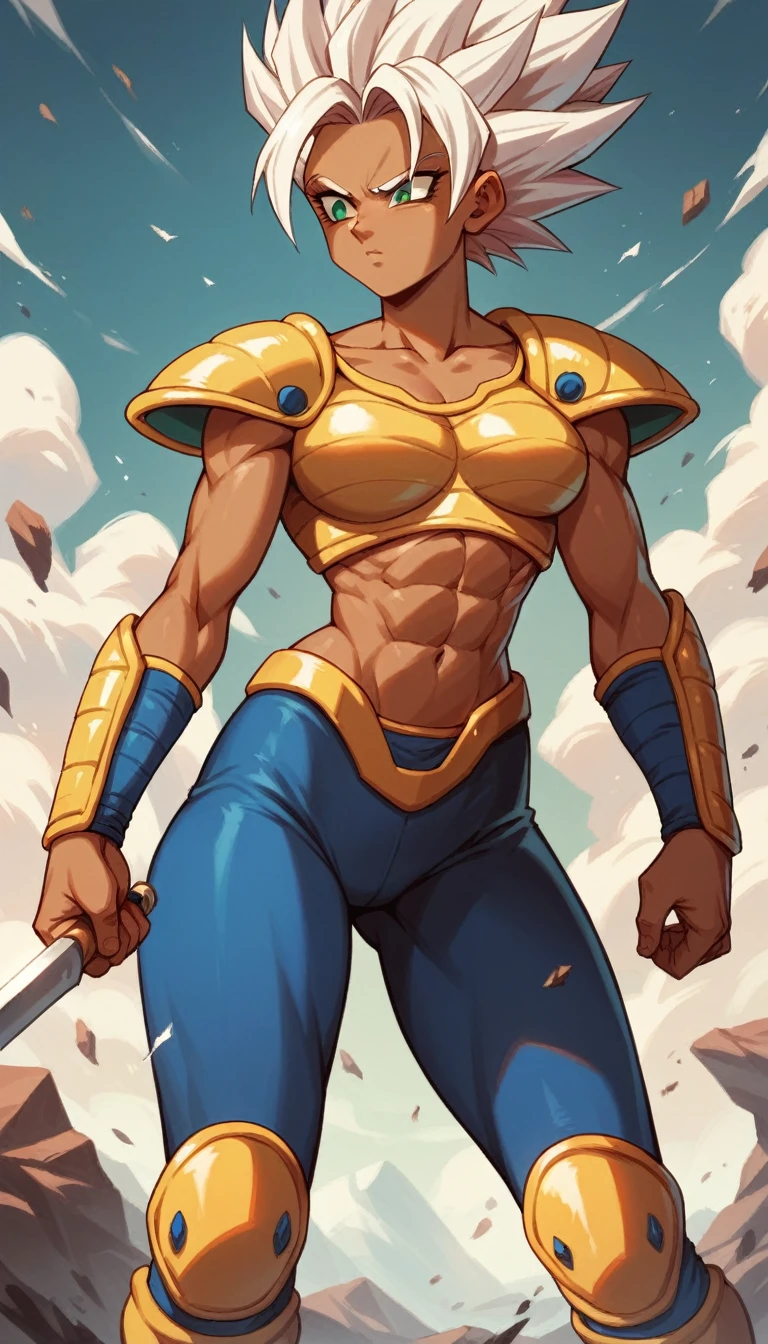 Saiyan, white hair combed back, green eyes,slim, thin waist, wide hips, brown skin color, medium breasts, saiyan armor, standing on a battlefield, looking seriously