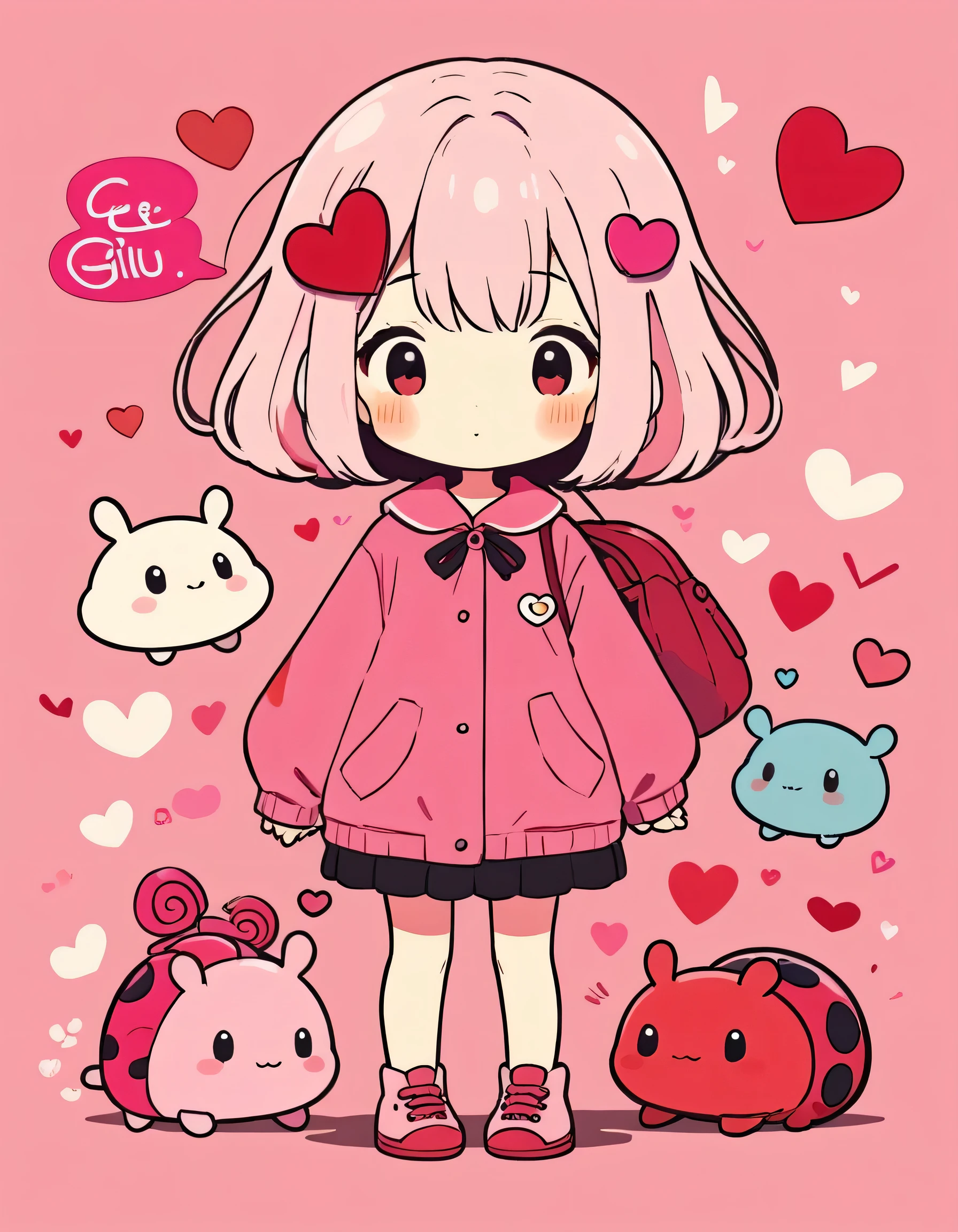 Hayao Miyazaki pink and Red style, Simple Line Initialism，Abstract art，Kawaii Design, The most beautiful girl of all time、chibi, (((Cute pillbugs))), colorful hearts