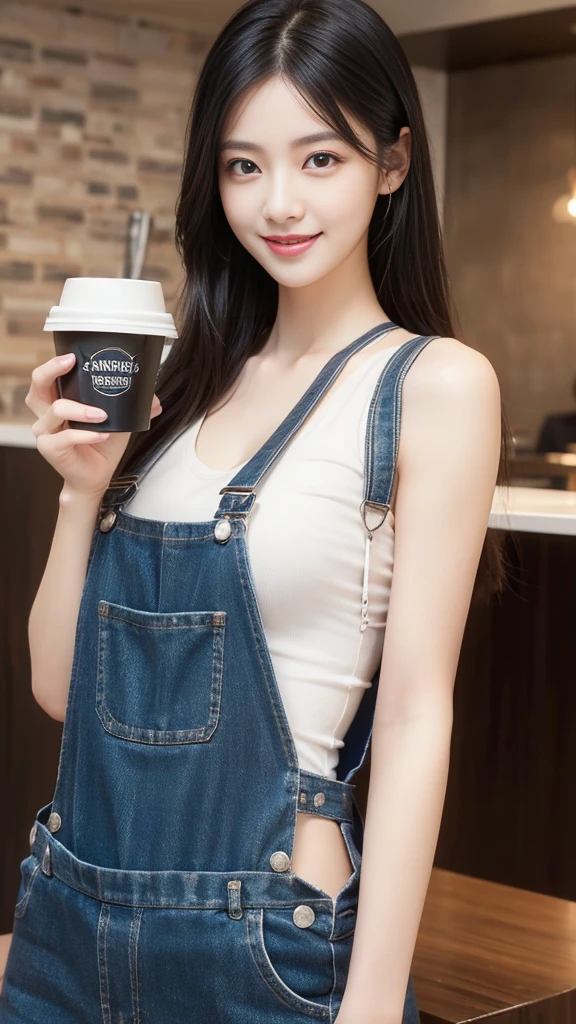 beauty、Smile、Black Hair、Coffee Shop,Overalls,best quality,Super detailed,masterpiece,Employment,8k,Extremely detailed CG unifies 8k, 8k, diamond, and wallpaper,lifelike, Surreal, The original, Intricate details,Detailed face,Exquisite eyes, Skin smooth and soft, Delicate face, Big shining eyes