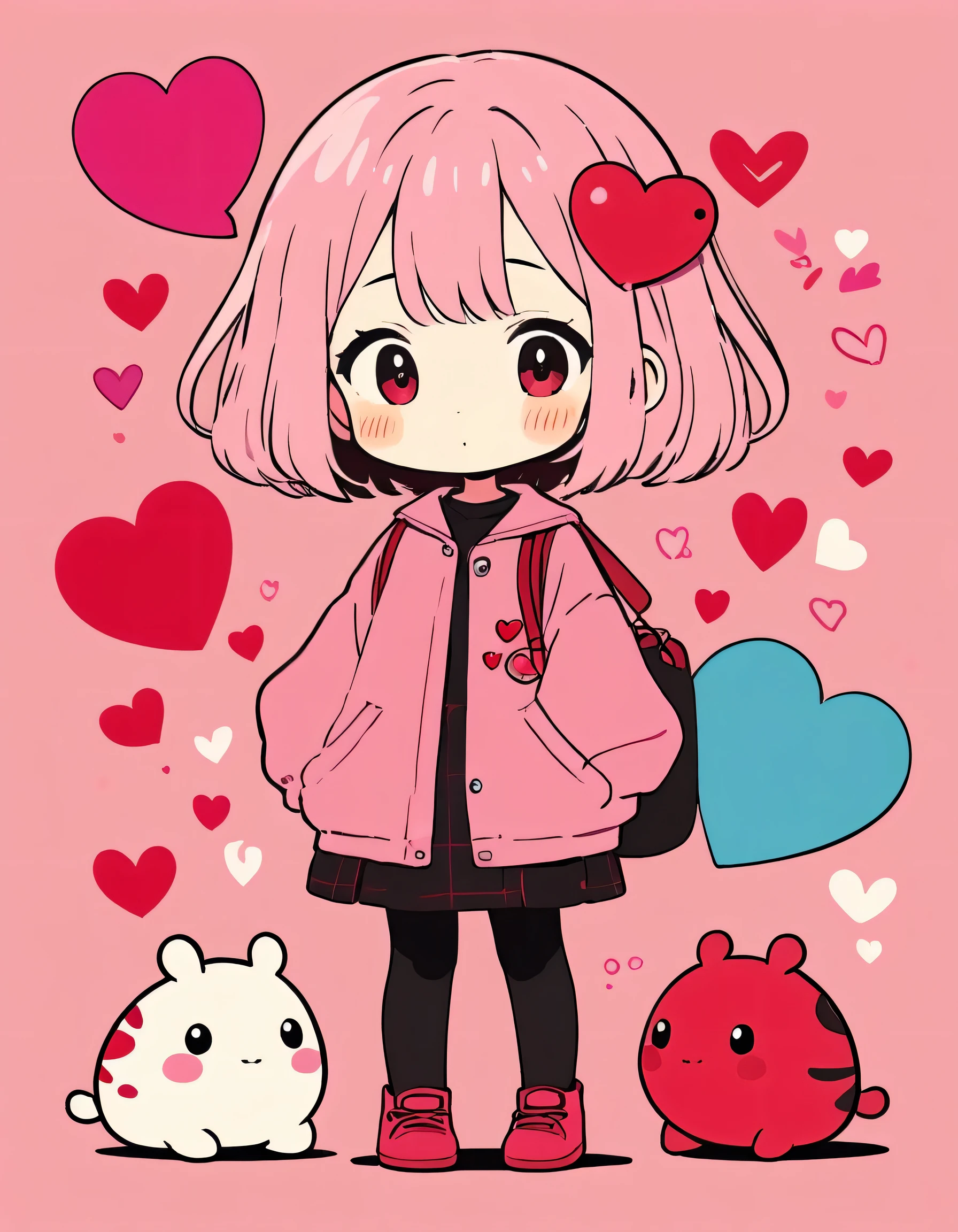 Hayao Miyazaki pink and Red style, Simple Line Initialism，Abstract art，Kawaii Design, The most beautiful girl of all time、chibi, (((Cute pillbugs))), colorful hearts