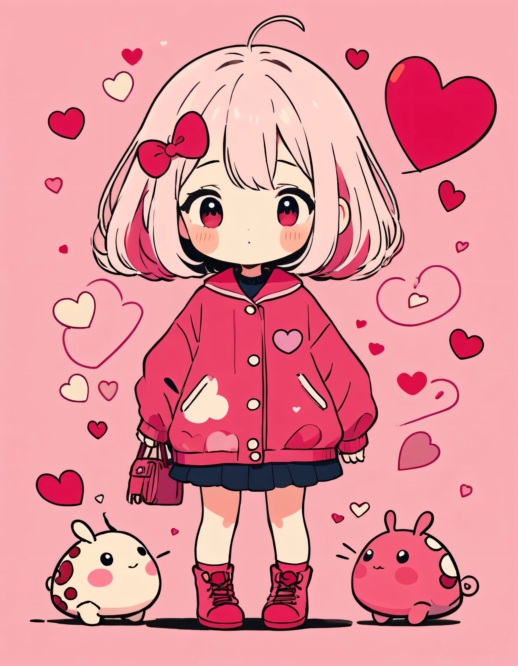 Hayao Miyazaki pink and Red style, Simple Line Initialism,Abstract art,Kawaii Design, The most beautiful girl of all time、chibi, (((Cute pillbugs))), colorful hearts