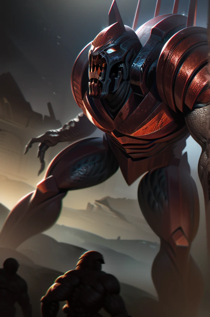 highly detailed, hyper realistic, cinematic, muscular humanoid mutant creatures, heavily armed with large steel arc weapons, swords, lances, hunting massive monstrous creatures, dark gritty sci-fi landscape, dramatic lighting, muted color palette, sharp focus, 8k, photorealistic
