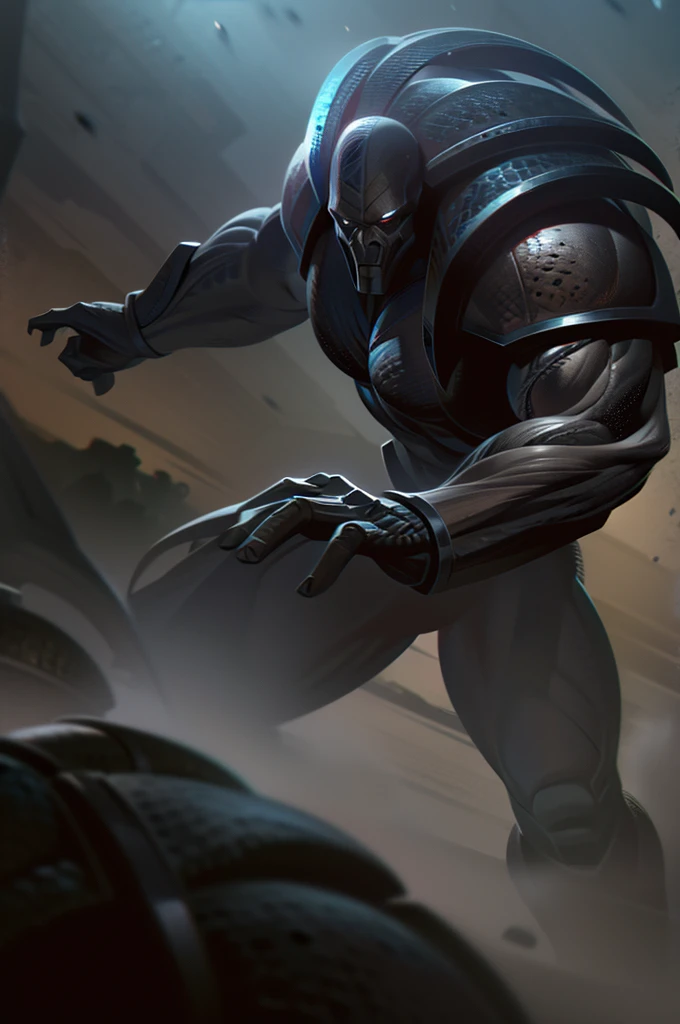 highly detailed, hyper realistic, cinematic, muscular humanoid mutant creatures, heavily armed with large steel arc weapons, swords, lances, hunting massive monstrous creatures, dark gritty sci-fi landscape, dramatic lighting, muted color palette, sharp focus, 8k, photorealistic