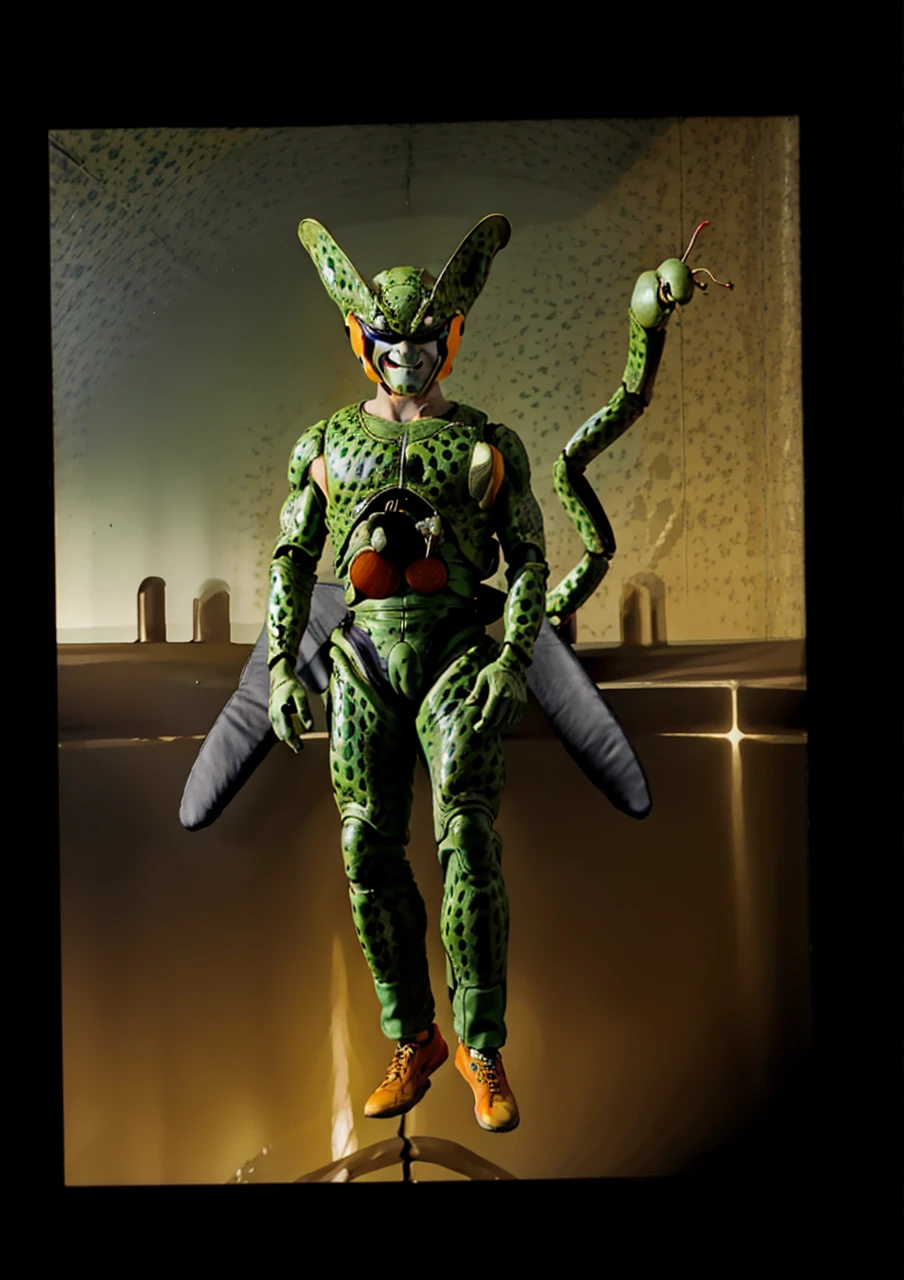 face charging cell phone, snake eyes, orange padded buds covering mouth, casual outfit, looking at viewer, first cell shape, smile, praying mantis insect appearance