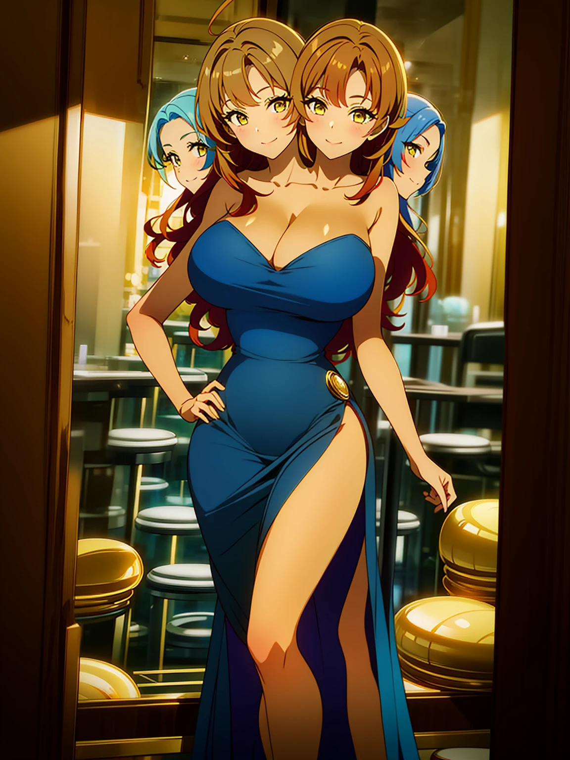 (16K), (2heads:1.5), 1girl, two headed woman, smiling, highres, masterpiece, ((red hair)), ((blue hair)), ((different hair color)), cleavage, ((golden yellow dress:1.5)), lustrous and smooth skin, (mature woman), (yellow eyes), ((queen dress)), seductive silhouette, ((slim hips)), (one-sided strapless beige top), (beige skirt), blouse, looking sexy, beautiful, tight, tight dress, long hair