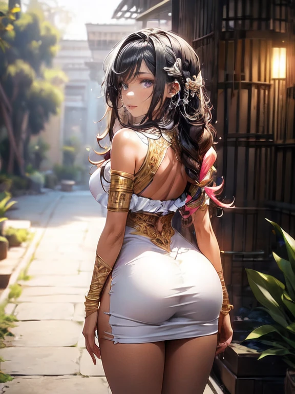 Anime Kawaii sexy Perfect Slim sensual body large breast and huge thighs, An intricate and highly detailed illustration of anime (Young girl). (THE, mksks style, detailed back ground:1.1), (standing alone:1.3), mellow, Woman, darkskin, ornate egyptian dress, long hair, Bblack hair, cute hair, hair over eye, yellow_eyeballs, voluptuous body, glad, wore, tilt your head, close up, volumetric lighting, (open air:1.3), Egyptian House, colorfully