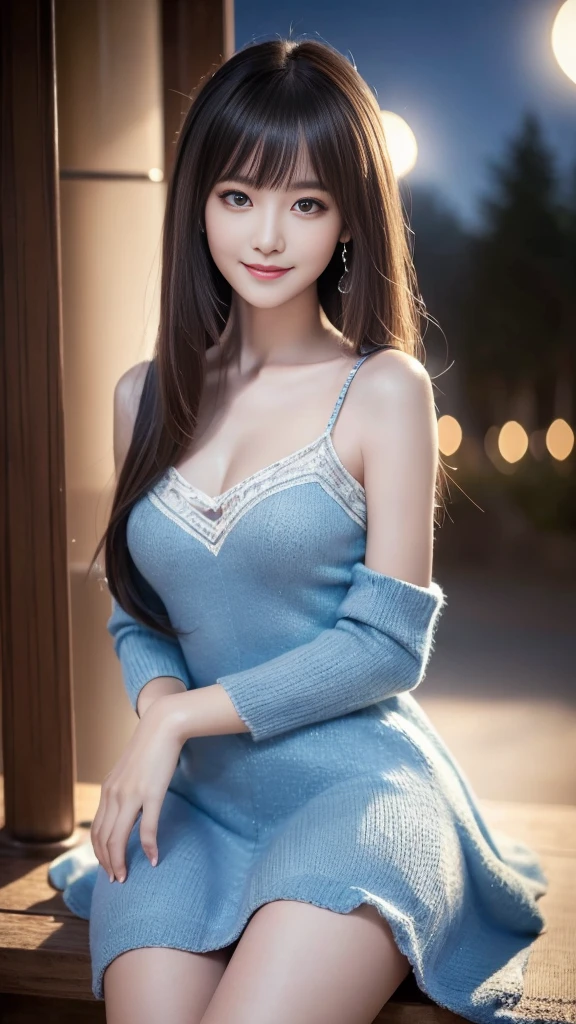 Body portrait, 8K, Slender beautiful eyes, Tyndall effect, masterpiece, Top quality, high quality, high resolution, Very detailed photos, (Natural skin texture, Delicate skin, Surrealism, Super sharp), High Detail Skin, (very good, Delicate skin texture, Intricate details, Pretty Face, Realistic face, Realistic eyes, Beautifully detailed eyes, Realistic skin, Beautiful Skin, Surrealism, Smiling eyes, Night moonlight background, Body portrait, Glamorous, (Blue Sexy Knitted Dress),Above the knee