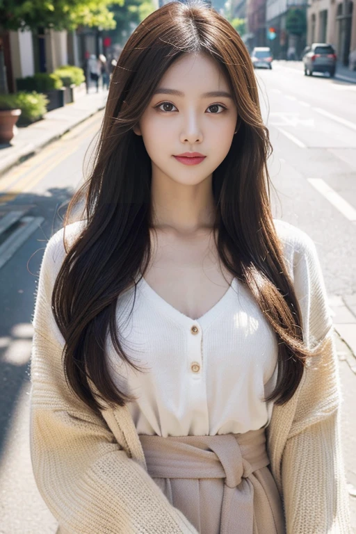 (masterpiece:1.3),(High resolution, Highest quality,Ultra high definition), 8k,One woman, Very beautiful face,Very delicate and beautiful,Beautiful attention to detail,Highly detailed face,double eyelid,Chest-length hair,Extremely detailed and realistic skin,Sharp focus,Black Hair, Random Hairstyles,smile,cardigan,Fluttering Skirt,((outside,In town)),From the waist up

