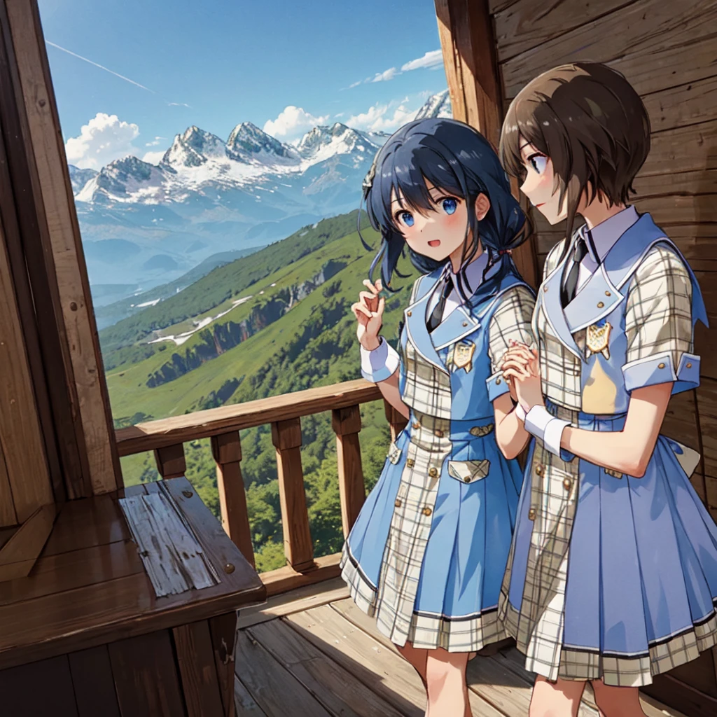 A look of expectation、Bright mountain hut、Holding hands with friends、A composition overlooking the scenery、uniform、with their eyes shining brightly、