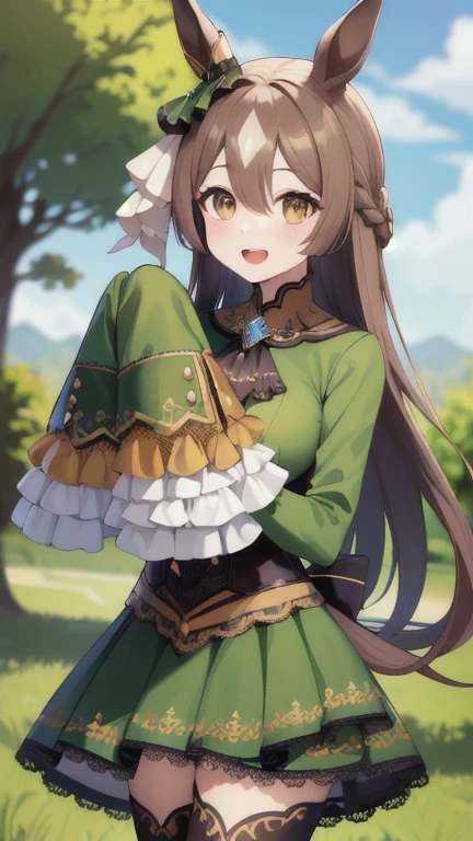 masterpiece, best quality, highres, aasato, long hair, half updo, braid, hair between eyes, animal ears, ear ornament, horse tail, breasts, frills, black ascot, green dress, (sleeves past wrists:1.2), black thighhighs, cowboy shot, standing, outdoors, smile, open mouth