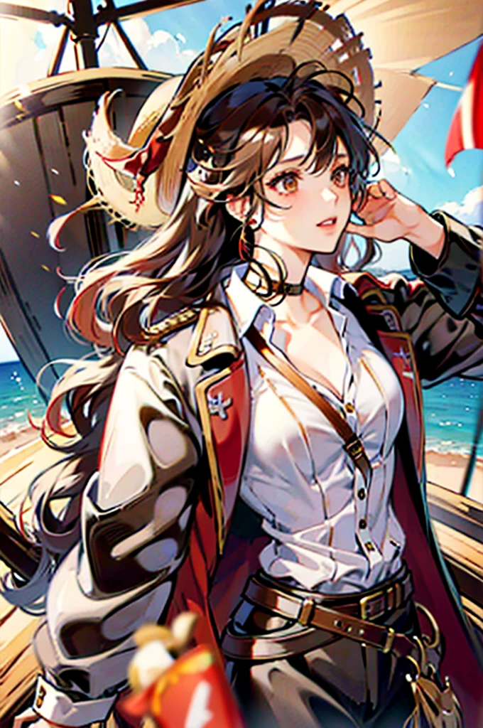 1 female, medium length brown hair, hazel eyes, wearing pirate outfit, at the helm of a pirate ship, wearing straw hat with red band, wearing straw hat