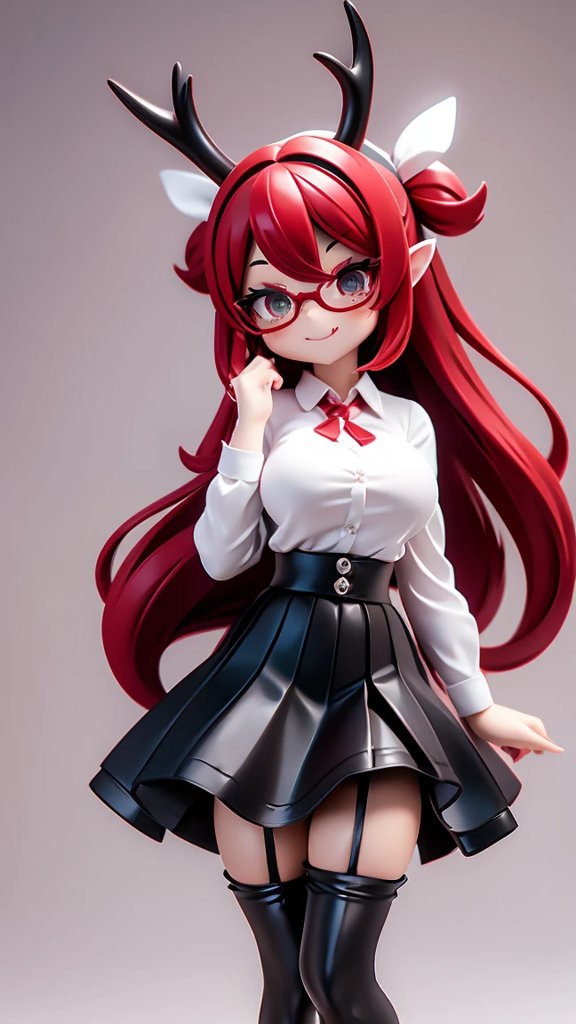 work, best quality, female anthro deer,, horns, little devil, a little scary, spooky, long hair alternative, bob hair, red hair, bow hair, aqua eyes, glasses, teacher, teacher unigorm, seductive smile, Tongue, black eyes, long eyelashes, big breasts, There is a mole on the chest, White shirt, black skirt, high heeled, shoe, period, hair ribbon, flower ribbon, hair_ribbon, hair_ribbon, hair_flower, tall, ((stockings opaque:1.4))