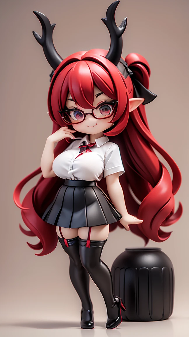 work, best quality, female anthro deer,, horns, little devil, a little scary, spooky, long hair alternative, bob hair, red hair, bow hair, aqua eyes, glasses, teacher, teacher unigorm, seductive smile, Tongue, black eyes, long eyelashes, big breasts, There is a mole on the chest, White shirt, black skirt, high heeled, shoe, period, hair ribbon, flower ribbon, hair_ribbon, hair_ribbon, hair_flower, tall, ((stockings opaque:1.4))