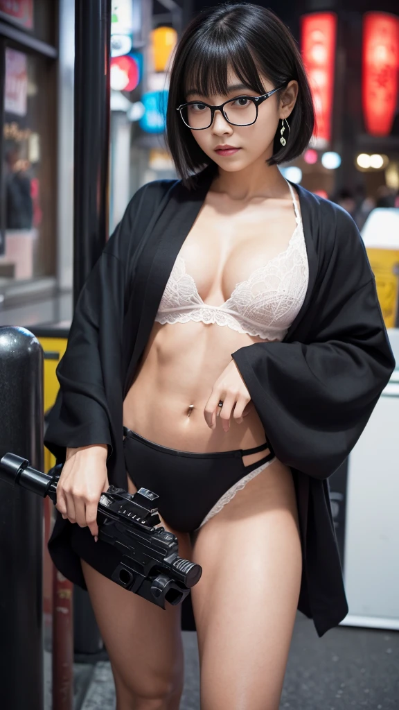 Cute Japanese woman, (16 years old), (very cute face: 1.3), red lips, white moist skin, mole, (glasses: 1.2)
BREAK,
Feminine body with high athletic ability, body of a female fitness model, feminine body with hard tones, (muscles: 1.2), (beautiful belly button),
BREAK,
Fighter, kung fu fighter, idol, (Yakuza), (gangster),
BREAK,
(wearing a cute black kimono: 1.3), (kimono that is revealing), (Stiletto heels, black heeled boots 1.3), very large earrings, short length,
BREAK,
Short hair, (Short bob hair), (Bangs: 1.2), (Black hair: 1.3), (Wavy hair),
BREAK,
(Very large machine gun: 1.4), (Holding machine gun: 1.3), (Fighting: 1.2), (Getting into a fighting position), (Firing machine gun: 1.2)
BREAK,
(Japanese tattoo: 1.4),
BREAK,
Masterpiece, Perfect lighting, Ultra high resolution, 8K, (Highly detailed: 1.4), (From the front), Looking at camera, Melancholic expression,
BREAK,
(Tokyo Tower: 1.2), Japan Tokyo Tower background, (Neon lights: 1.2)