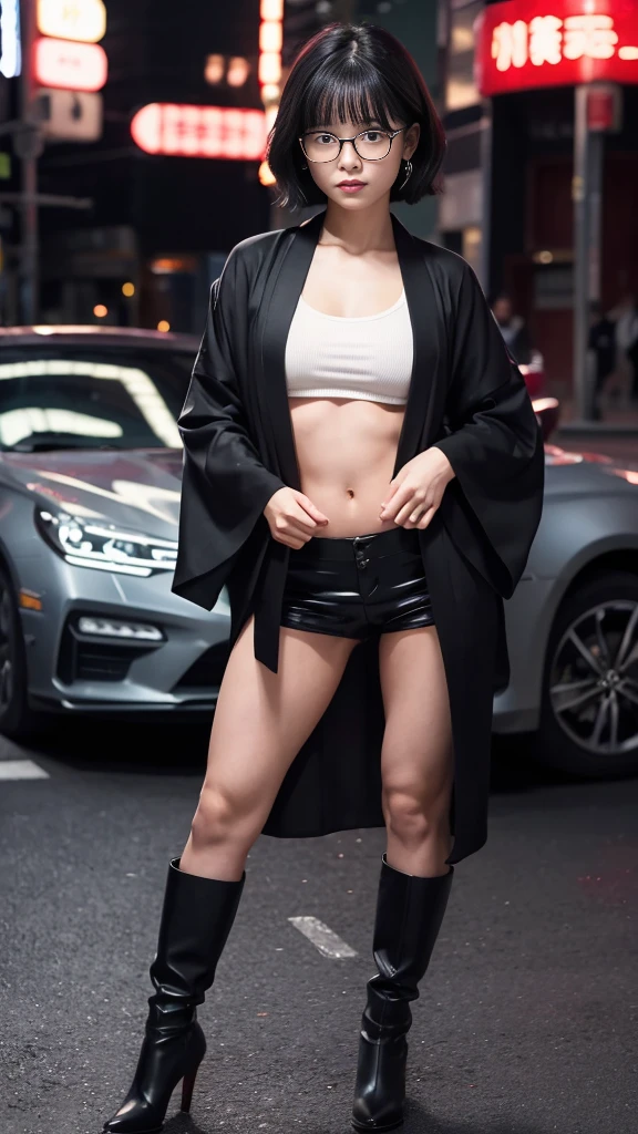 Cute Japanese woman, (16 years old), (very cute face: 1.3), red lips, white moist skin, mole, (glasses: 1.2)
BREAK,
Feminine body with high athletic ability, body of a female fitness model, feminine body with hard tones, (muscles: 1.2), (beautiful belly button),
BREAK,
Fighter, kung fu fighter, idol, (Yakuza), (gangster),
BREAK,
(wearing a cute black kimono: 1.3), (kimono that is revealing), (Stiletto heels, black heeled boots 1.3), very large earrings, short length,
BREAK,
Short hair, (Short bob hair), (Bangs: 1.2), (Black hair: 1.3), (Wavy hair),
BREAK,
(Very large machine gun: 1.4), (Holding machine gun: 1.3), (Fighting: 1.2), (Getting into a fighting position), (Firing machine gun: 1.2)
BREAK,
(Japanese tattoo: 1.4),
BREAK,
Masterpiece, Perfect lighting, Ultra high resolution, 8K, (Highly detailed: 1.4), (From the front), Looking at camera, Melancholic expression,
BREAK,
(Tokyo Tower: 1.2), Japan Tokyo Tower background, (Neon lights: 1.2)