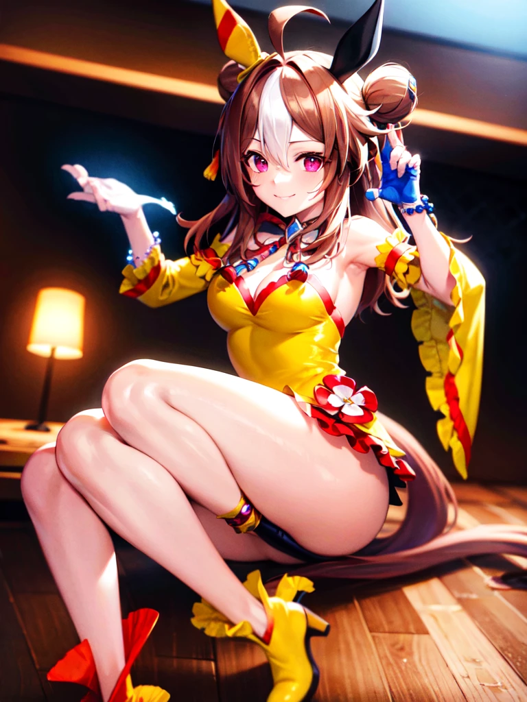 masterpiece, best quality, detailed, highly detailed, ultra detailed, extremely detailed CG, high resolution, 4K, copano rickey \(umamusume\), bare shoulder, off-shoulder, blue gloves, bead bracelet, fingerless gloves, detached sleeves, wide sleeves, red ribbon, neck ribbon, cleavage, yellow dress, frilled dress, yellow footwear, white footwear, boots, mismatched footwear, asymmetrical footwear, smile, arm up, armpits,