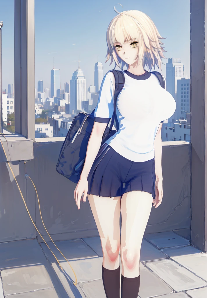 ((masterpiece, Best Quality, Distinctive image)), 1 girl, alone, alter of joan of arc, big breasts, Schoolgirl, School uniform, pleated skirt, seraph, White shirt, black skirt, looking at the viewer, standing, carrying a school backpack, cowboy shot, city, building, beautiful sky 