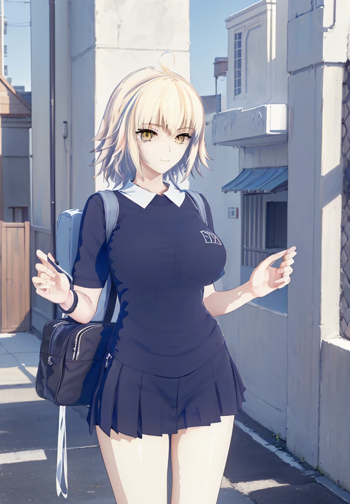 ((masterpiece, Best Quality, Distinctive image)), 1 girl, alone, alter of joan of arc, big breasts, Schoolgirl, School uniform, pleated skirt, seraph, White shirt, black skirt, looking at the viewer, standing, carrying a school backpack, cowboy shot, city, building, beautiful sky 