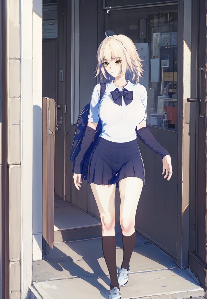 ((masterpiece, Best Quality, Distinctive image)), 1 girl, alone, alter of joan of arc, big breasts, Schoolgirl, School uniform, pleated skirt, seraph, White shirt, black skirt, looking at the viewer, standing, carrying a school backpack, cowboy shot, city, building, beautiful sky 