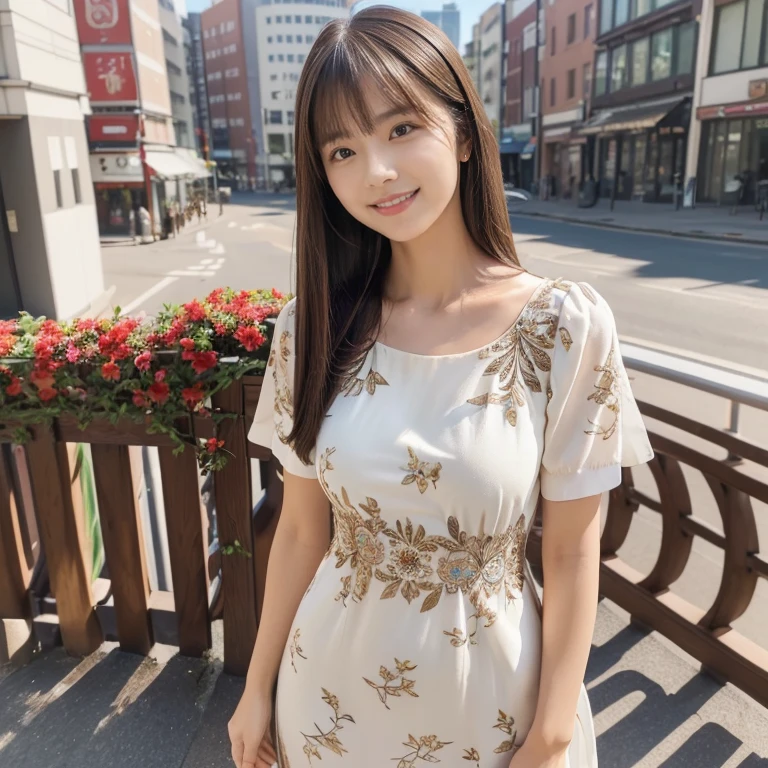 (Calm and gentle look:1.5), (Full Body Shot:1.3), (panorama:1.8), Cinema Lighting, ((Highest quality)), (RAW Photos, Highest quality), ( Realistic:1.4), realism, masterpiece, Very delicate and beautiful, Very detailed, 4K wallpaper, wonderful, finely, Very detailed CG unity 8k wallpaper, Very detailed, High resolution, Soft Light, Japanese, (one shot:1.9), (22 years old:1.6), (Round face:1.2), (Fat:0.8), (A neat and clean woman:1.5), Beautiful detailed woman,Famous Japanese actresses, Detailed face, finelyて美しい目, Very detailedな目と顔, Beautiful eyes and a beautifully detailed nose, Ultra HD glossy lips, (Straight Hair:1.4), Shiny Hair, Shiny Hair, Brown Hair, (bangs:1.4), Long, slender legs, Toned body, (Smiling:1.4), Natural Makeup, (LET IT PASS,  floral pattern, Kinari color, Short sleeve dress:1.4), (A very intricate and elaborately decorated dress:1.3), Accentuate your body lines, (Posing as a model in the city:1.5), 