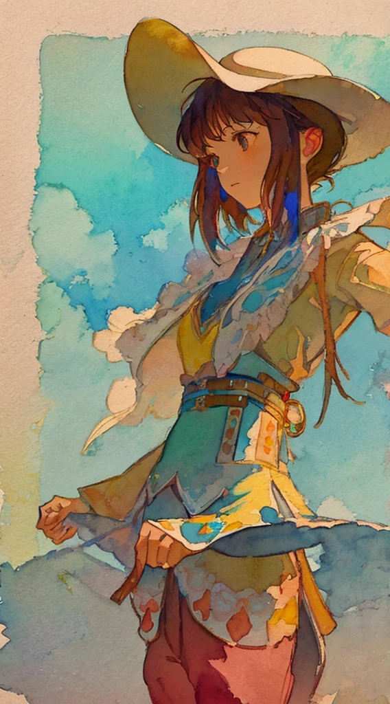 watercolor paiting、Pale shades、Beautiful colors、parfect anatomy、cowboy shot、A girl's profile、、Cute