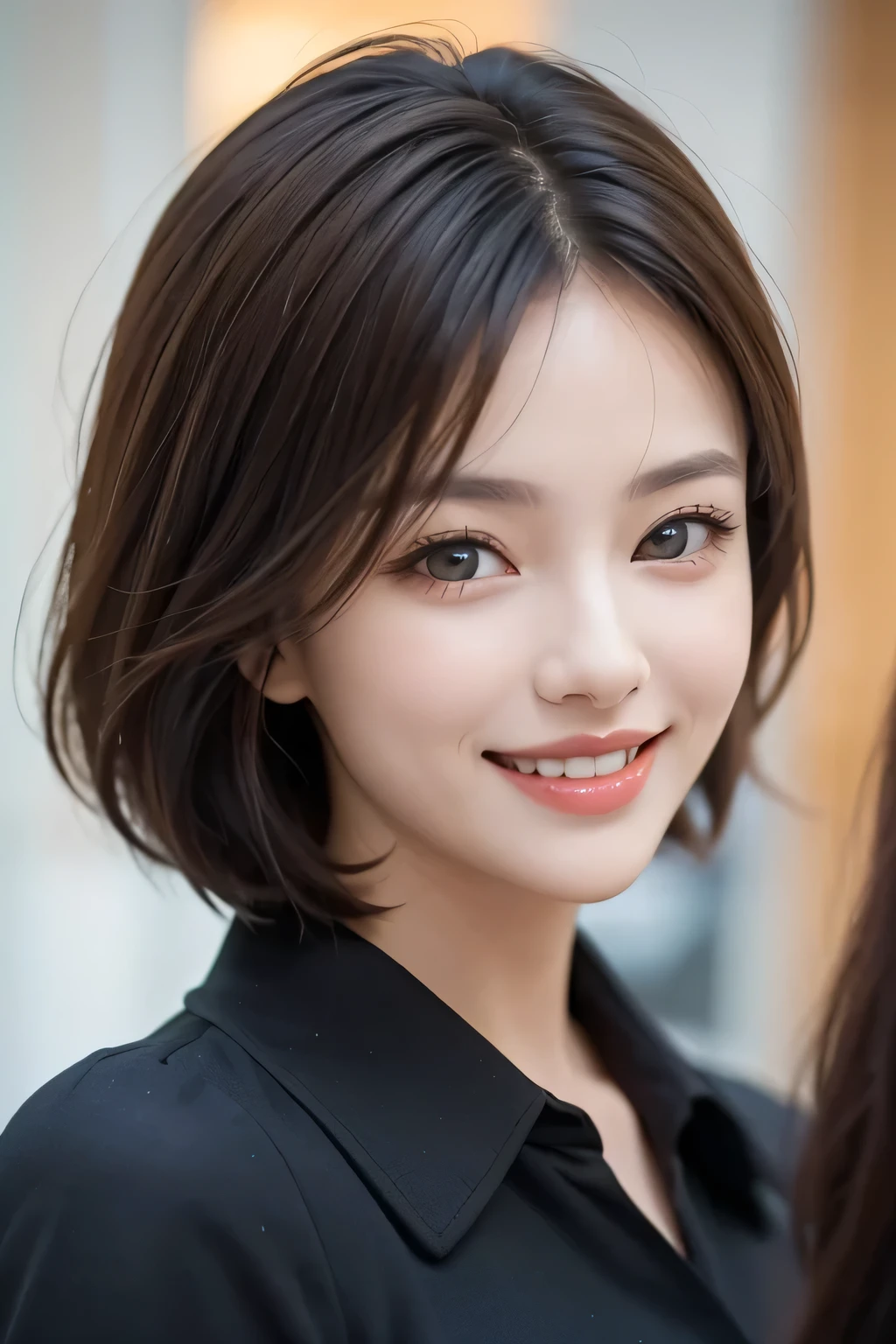 ((masterpiece)), ((Highest quality)), ((Complex)), ((Surreal)), (Realistic), (Mature Woman), ((There are no classes)), Very detailed, (1 female), Beautiful and exquisite, (Beautiful Teeth), Grin, Brunette bob hair, Brown eyes, ((blouse)), (Upper Body), (background:none), Perfect Eyes, Captivating eyes, Looking at the audience