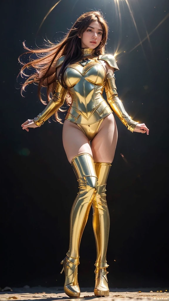 ((best quality)), ((masterpiece)), (ultra detailed lights), ((full body shot)), indonesian girl, extremely beautiful, ((slim body)), thighs gap, ultra face details, 20 years old, ((pink curvy-hair)), ((hair blown by strong winds :1.3)), Award-winning photograph, ((symmetrical pose)), teen goddess in ((full body golden black armor)) are in the middle of battlefield, posing in the middle, ((thight golden armour)), ((extremely details armor)), ((tight latex panties)), ((24k-gold armor)), ((edge luminous armor)), epic lights reflections, at beach, full of stars, orange clouds, nebula sky, epic aurora borealis in the background, shooting stars, ((from below))