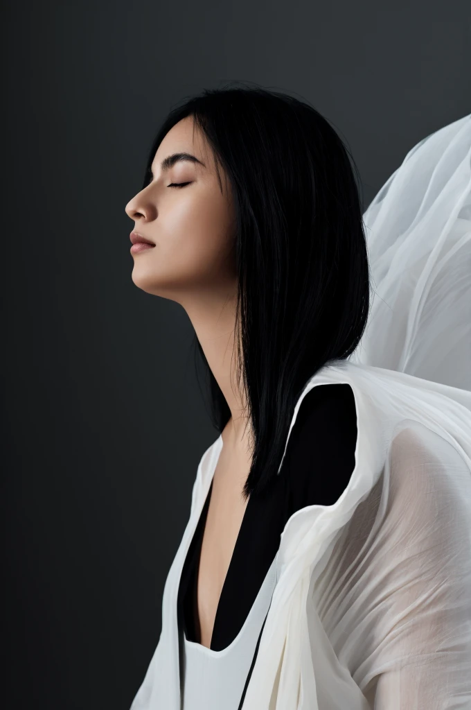Sure, here is a detailed prompt for the image in English: --- The image features a young woman with shoulder-length black hair standing against a two-toned background. The background is split vertically with the left side in a deep black and the right side in a light gray. The contrast between these colors creates a striking visual effect that draws the viewer's attention to the central figure. The woman is positioned in profile, facing to the left. Her eyes are closed, and her expression is calm and serene, suggesting a moment of introspection or meditation. She is dressed in a white garment that appears to be disintegrating or merging with the background in an abstract manner. From the left side of her body, black liquid-like splashes seem to emerge and blend into the dark background. These black splashes create a dynamic and somewhat chaotic effect, as if she is dissolving into the darkness. On the right side, contrasting white splashes emanate from her body, merging into the light gray background. This side appears more fluid and ethereal, giving a sense of purity and lightness. The interplay between the black and white elements, combined with the woman's calm demeanor, creates a powerful representation of duality and balance. The abstract splashes add an element of movement and transformation, as if she is caught in the process of changing states or merging with her surroundings. The overall composition is minimalist yet deeply expressive, utilizing color contrast and abstract forms to convey a sense of inner peace, transformation, and the coexistence of opposites. The image invites viewers to contemplate themes of identity, duality, and the fluid nature of existence.