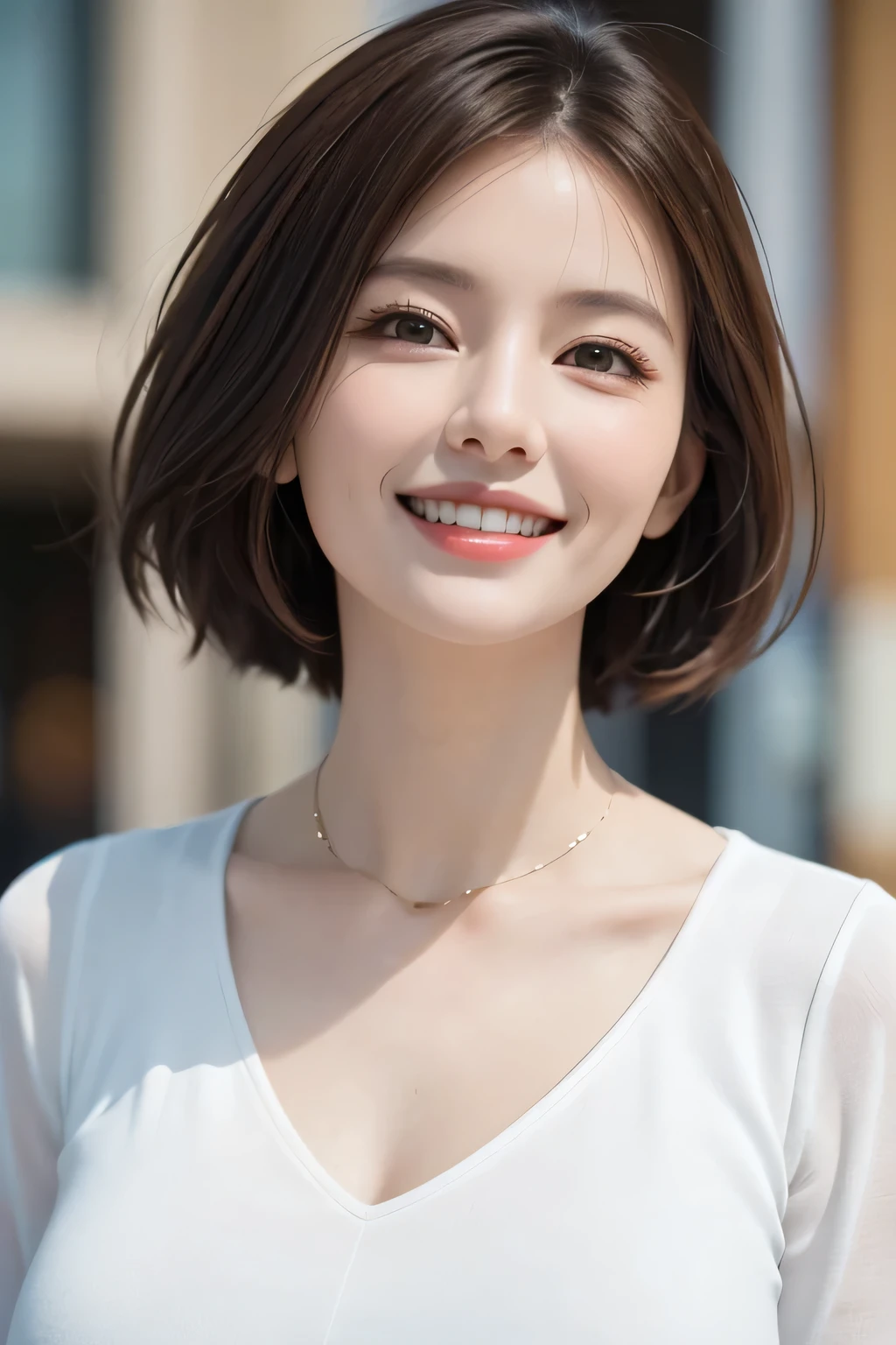 ((masterpiece)), ((Highest quality)), ((Complex)), ((Surreal)), (Realistic), (Mature Woman), ((There are no classes)), Very detailed, (1 female), Beautiful and exquisite, (Beautiful Teeth), Grin, Brunette bob hair, Brown eyes, ((blouse)), (Upper Body), (background:none), Perfect Eyes, Captivating eyes, Looking at the audience