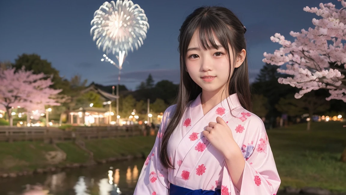 very cute、14 years old、girl、Straight Long Hair、((Mid-chest))、((yukata))、((firework))、((Night Sky))、((Cherry blossom trees))、yukataの胸元がはだけている、
