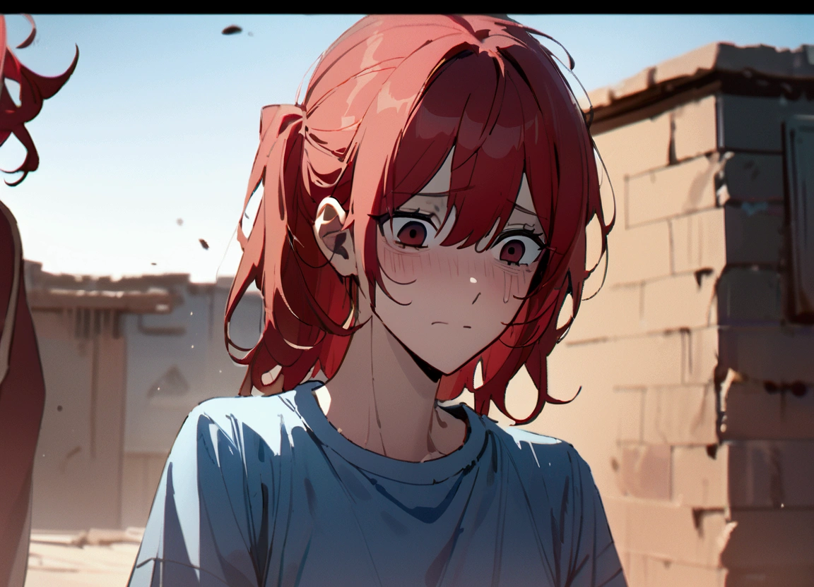 Red hair, despairing face, abandonment, blue t-shirt