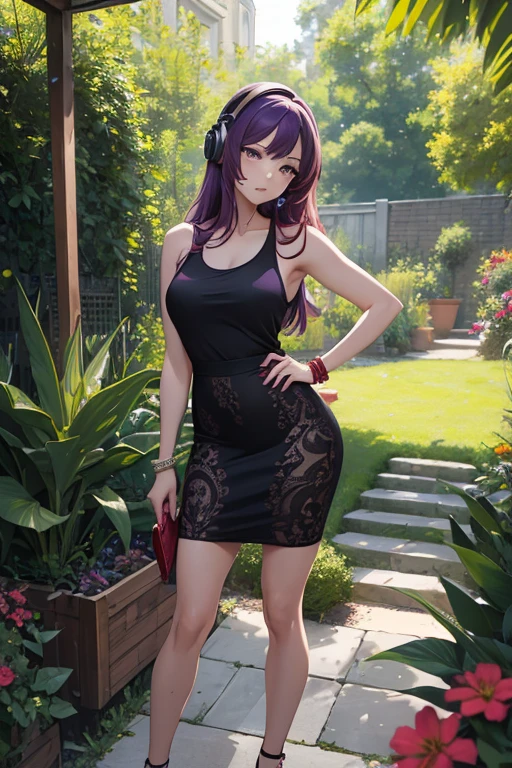 ((masterpiece, best quality, ultra-detailed)), 1girl, beautiful woman wearing red tank top and black midi pencil skirt, bracelet, wearing headphones, full body, purple hair, messy hair, hand on hip, summer garden