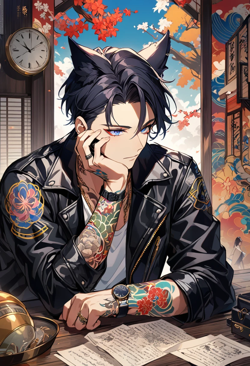 1man, short black hair, fox ears, bright blueviolet eyes, wearing a black bomber leather jacket, wearing a white undershirt, wearing black pants, wearing a vintage golden watch,wearing a ring necklace, japanese style tattoos, colorfull tattoos, tattoos all over the arms, resting head with hand