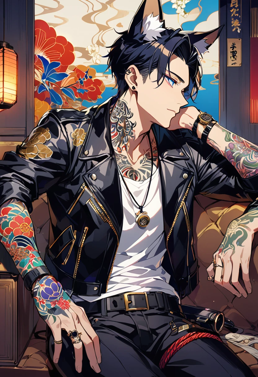 1man, short black hair, fox ears, bright blueviolet eyes, wearing a  black bomber leather  jacket, wearing a white undershirt, wearing black pants, wearing a vintage golden watch,wearing a ring necklace, japanese style tattoos,  colorfull tattoos, tattoos all over the arms, resting head with hand 