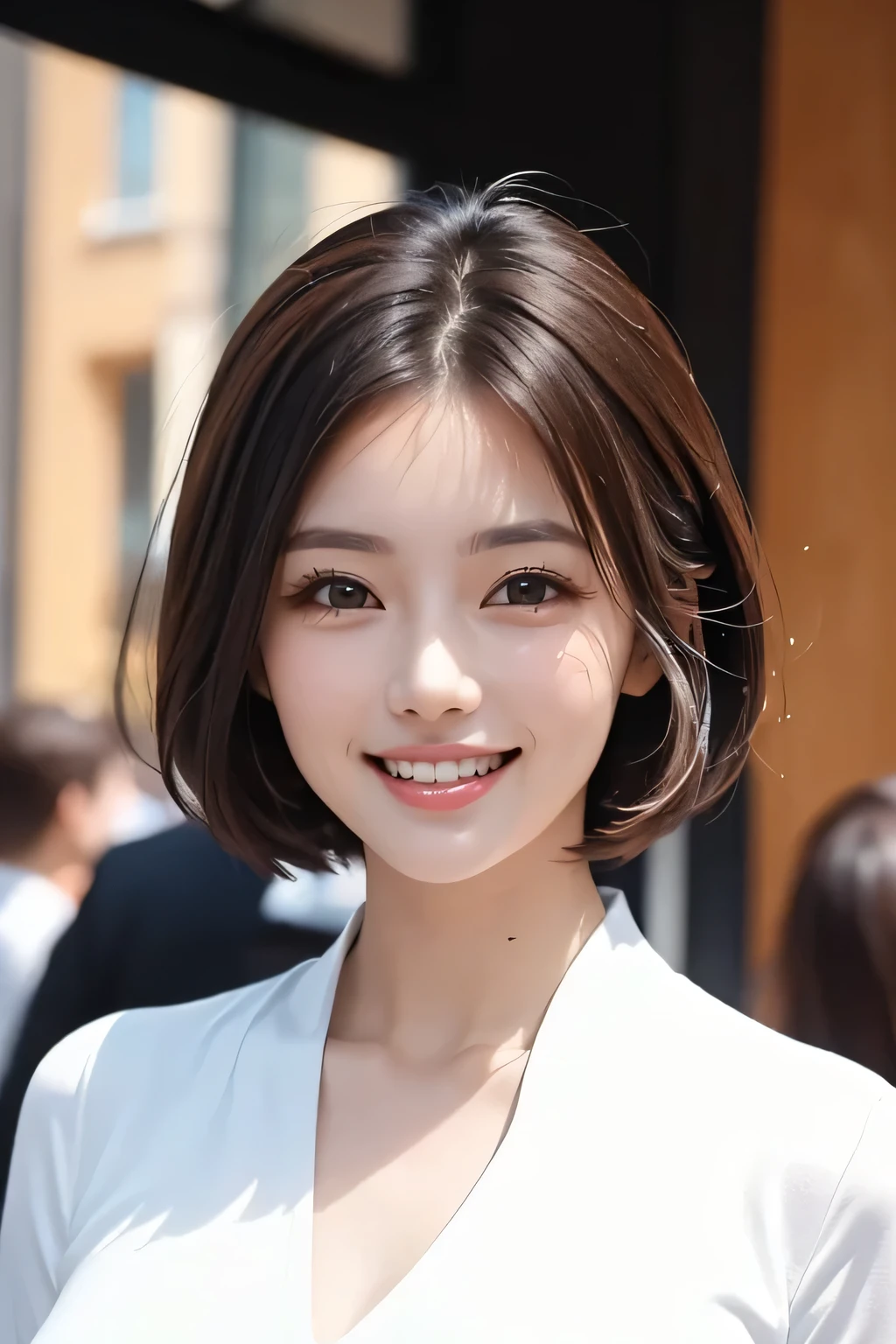 ((masterpiece)), ((Highest quality)), ((Complex)), ((Surreal)), (Realistic), (Mature Woman), ((There are no classes)), Very detailed, (1 female), Beautiful and exquisite, (Beautiful Teeth), Grin, Brunette bob hair, Brown eyes, ((blouse)), (Upper Body), (background:none), Perfect Eyes, Captivating eyes, Looking at the audience