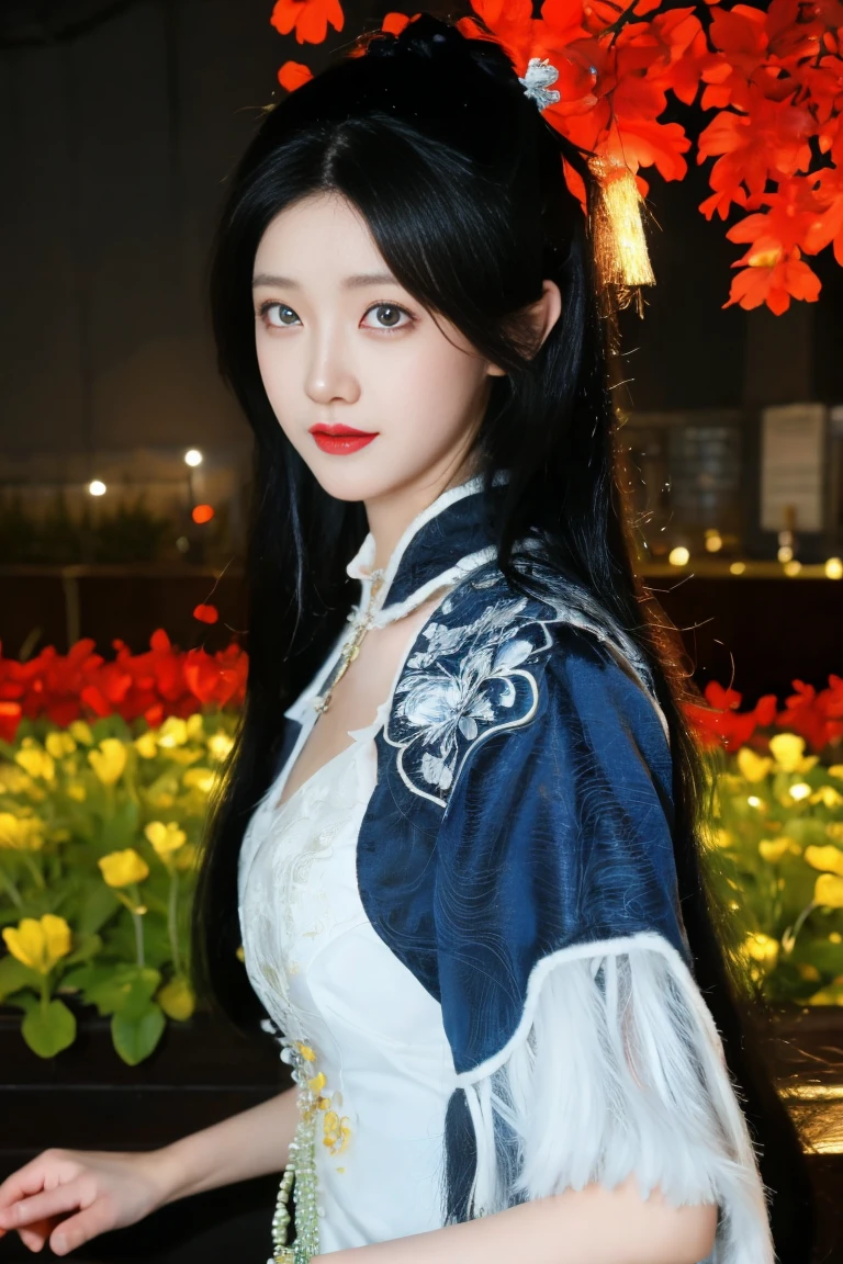 ulzzang-6500-v1.1,(raw photo:1.2),((photorealistic:1.30)), ((best quality)) ,((masterpiece)),((Ultra High Resolution)), ((Clear View)),,Ultra-high resolution,Clear face,（Reality：1.4) ,  illustration, an extremely delicate and beautiful, extremely detailed ,CG ,unity ,8k wallpaper, Amazing, finely detail, masterpiece,best quality,official art,extremely detailed CG unity 8k wallpaper,absurdres, incredibly absurdres, huge filesize, ultra-detailed, highres, extremely detailed,beautiful detailed girl, extremely detailed eyes and face, beautiful detailed eyes,light on face,cinematic lighting, 1girl, 独奏, long hair, black hair, hair ornament, jewelry, Earring, Blue eyes, Double eyelids, blush, sharp nose, Red nose, smile, Chinese dress, (standing,) (garden background:1.5), upper body, Night sky, dark light, grassland, trees, flowers, grass, Moon Star, outdoor, 