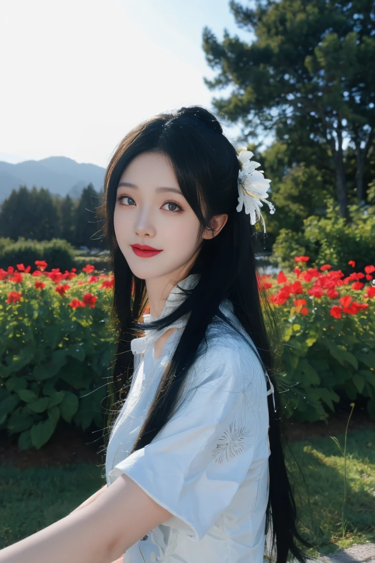 ulzzang-6500-v1.1,(raw photo:1.2),((photorealistic:1.30)), ((best quality)) ,((masterpiece)),((Ultra High Resolution)), ((Clear View)),,Ultra-high resolution,Clear face,（Reality：1.4) ,  illustration, an extremely delicate and beautiful, extremely detailed ,CG ,unity ,8k wallpaper, Amazing, finely detail, masterpiece,best quality,official art,extremely detailed CG unity 8k wallpaper,absurdres, incredibly absurdres, huge filesize, ultra-detailed, highres, extremely detailed,beautiful detailed girl, extremely detailed eyes and face, beautiful detailed eyes,light on face,cinematic lighting, 1girl, 独奏, long hair, black hair, hair ornament, jewelry, Earring, Blue eyes, Double eyelids, blush, sharp nose, Red nose, smile, Chinese dress, (standing,) (garden background:1.5), upper body, Night sky, dark light, grassland, trees, flowers, grass, Moon Star, outdoor, 