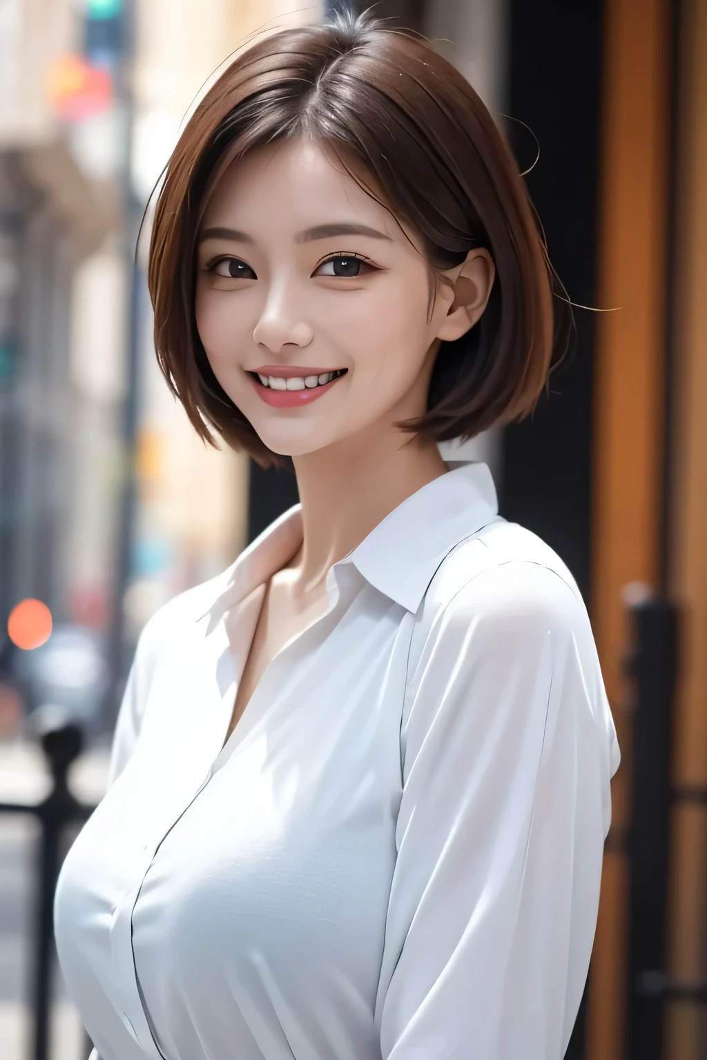 ((masterpiece)), ((Highest quality)), ((Complex)), ((Surreal)), (Realistic), (Mature Woman), ((There are no classes)), Very detailed, (1 female), Beautiful and exquisite, (Beautiful Teeth), Grin, Brunette bob hair, Brown eyes, ((blouse)), (Upper Body), (background:none), Perfect Eyes, Captivating eyes, Looking at the audience