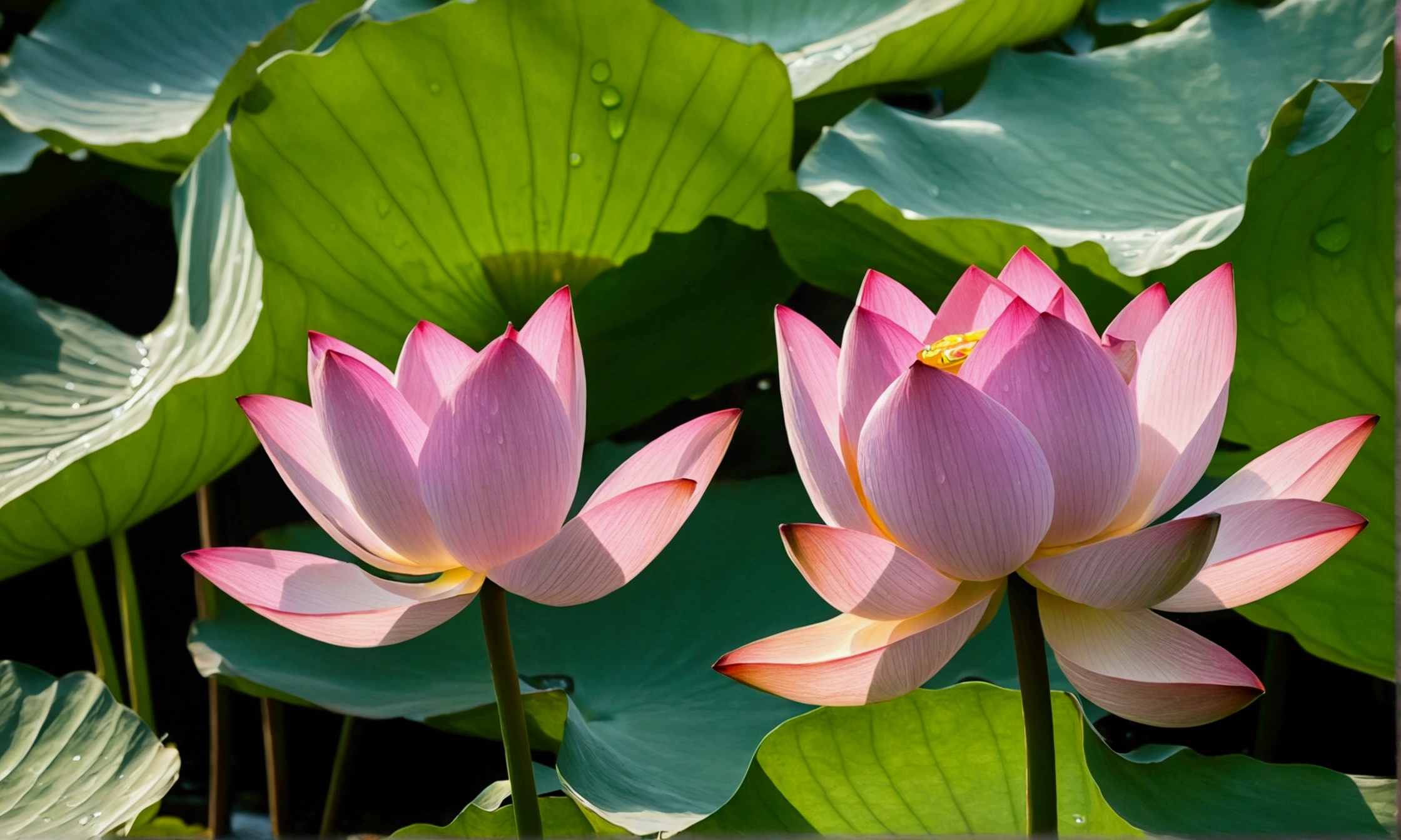 Bumbu Abu Abu Aban Buatam Pink Morning Sun, rainbows, Water drops on lotus leaves.