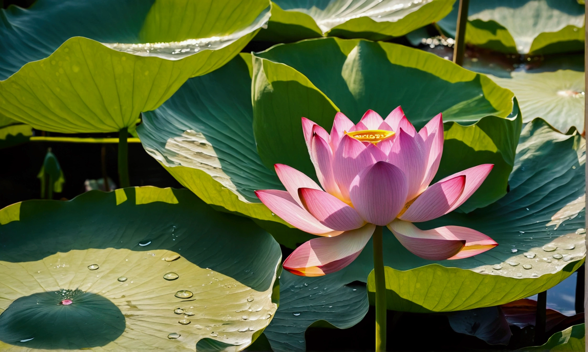 Bumbu Abu Abu Aban Buatam Pink Morning Sun, rainbows, Water drops on lotus leaves.