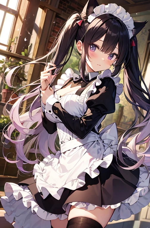 Private Maid, Twin tails, Very long hair, Cat ear, Maid&#39;s Headdress, Hair Clip, Cleavage, Huge breasts, Neck bell, bow, Maid Apron, White gloves, elbow gloves, Garter Straps, White knee socks,(Upper Body:1.3),Open your mouth, Embarrassing ,blush,(Spread your legs:1.3),(Lift your legs),masterpiece,Noise Reduction,Perfect Anatomy,High resolution, Very detailed,Game CG,Dutch Angle ,Beautiful attention to detail,Visual Arts,Five Fingers, Perfect hands, Perfect lighting,