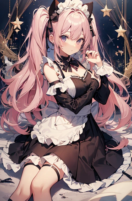 Private Maid, Twin tails, Very long hair, Cat ear, Maid&#39;s Headdress, Hair Clip, Cleavage, Huge breasts, Neck bell, bow, Maid Apron, White gloves, elbow gloves, Garter Straps, White knee socks,(Upper Body:1.3),Open your mouth, Embarrassing ,blush,(Spread your legs:1.3),(Lift your legs),masterpiece,Noise Reduction,Perfect Anatomy,High resolution, Very detailed,Game CG,Dutch Angle ,Beautiful attention to detail,Visual Arts,Five Fingers, Perfect hands, Perfect lighting,