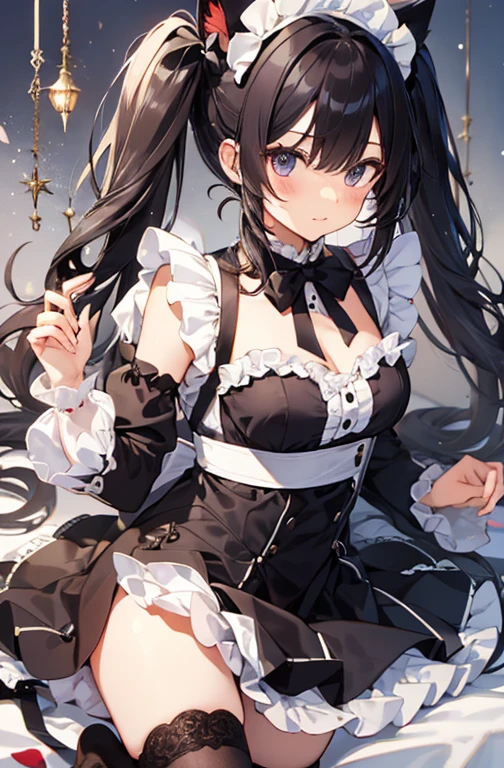 Private Maid, Twin tails, Very long hair, Cat ear, Maid's Headdress, Hair Clip, Cleavage, Huge breasts, Neck bell, bow, Maid Apron, White gloves, elbow gloves, Garter Straps, White knee socks,(Upper Body:1.3),Open your mouth, Embarrassing ,blush,(Spread your legs:1.3),(Lift your legs),masterpiece,Noise Reduction,Perfect Anatomy,High resolution, Very detailed,Game CG,Dutch Angle ,Beautiful attention to detail,Visual Arts,Five Fingers, Perfect hands, Perfect lighting,